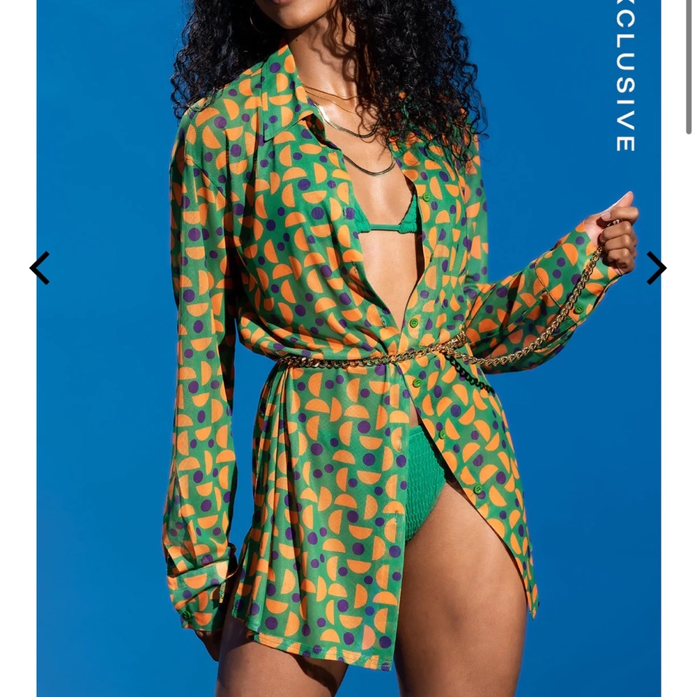 Kittenish Green Printed Swim Coverup with Orange and Purple Motif
